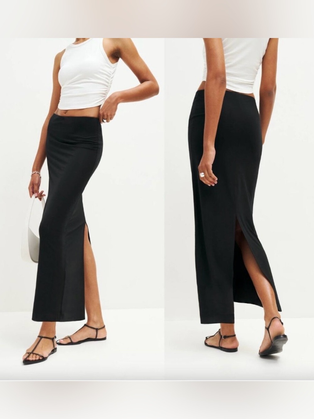 Reformation Maria Knit Midi Skirt Black Back Slit Stretch Size XS